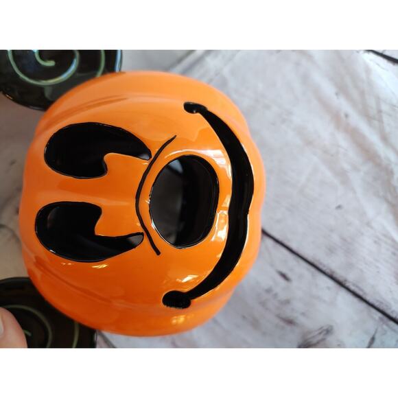 Disney Mickey Mouse Jack O Lantern Ceramic Votive Candle Holder Ear Swirls - Picture 4 of 7